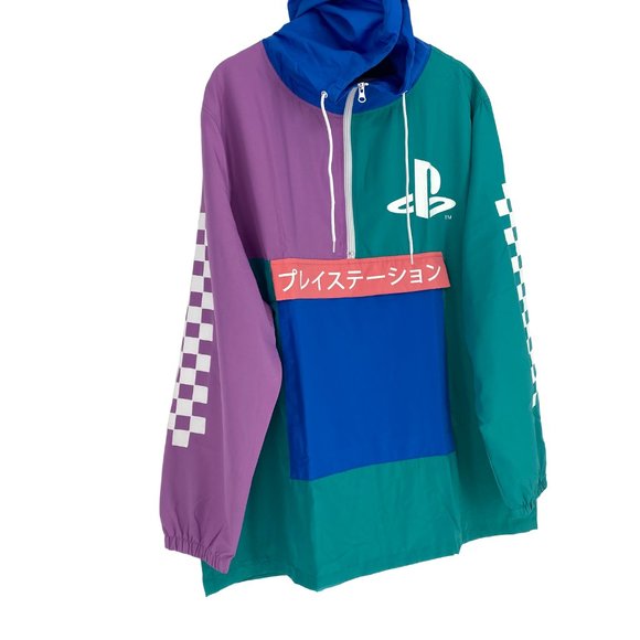 PLAYSTATION Bioworld Pastel Colorblock Checkered Long Sleeve Hooded Windbreaker - Picture 2 of 16